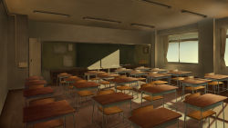 calendar_(object) chair chalkboard classroom commentary_request curtains desk highres hitoshi_(mokafukutv) indoors locker no_humans original scenery school_chair school_desk window