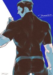 Rule 34 | 1boy, absurdres, ass, back, bara, black bodysuit, blue background, bodysuit, brown hair, clenched hand, highres, looking at phone, male focus, maxima, meno (ykgk), muscular, muscular male, aged up, phone, short hair, sideburns, simple background, the king of fighters, white background