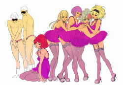Rule 34 | 2boys, 5girls, arm support, babydoll, blindfold, blonde hair, bob cut, breasts, choker, covering privates, covering crotch, dress, eyelashes, garter straps, hairband, high heels, jewelry, kneeling, leaning forward, legs, lipstick, long hair, looking at viewer, makeup, mask, matsuo hiromi, medium breasts, multiple boys, multiple girls, necklace, original, pearl necklace, plump, purple hair, red hair, short hair, simple background, sitting, sleep mask, smile, socks, standing, thighhighs, topless, v arms, white background, white hair, white legwear, zettai ryouiki