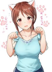 Rule 34 | 10s, 1girl, animal ears, blouse, blue shirt, blush, breasts, brown eyes, brown hair, cat ears, collarbone, flying sweatdrops, hands up, heart, highres, idolmaster, idolmaster cinderella girls, long hair, looking at viewer, medium breasts, mifune miyu, open mouth, paw pose, paw print, ponytail, see-through, see-through sleeves, shirt, short sleeves, sidelocks, simple background, solo, takeashiro, translation request, transparent sleeves, upper body, white background