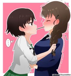 Rule 34 | 2girls, bad id, bad pixiv id, blush, braid, braided ponytail, breasts, brown eyes, brown hair, closed eyes, food, full-face blush, girls und panzer, hair ornament, hair ribbon, highres, isobe noriko, long hair, looking at another, medium breasts, multiple girls, ooarai school uniform, pink background, pocky, pocky day, pocky kiss, ponytail, ribbon, rukuriri (girls und panzer), school uniform, shared food, short hair, simple background, size difference, small breasts, st. gloriana&#039;s school uniform, tanutika, trembling, yuri