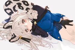 Rule 34 | 1girl, animal ear fluff, animal ears, arknights, blush, braid, coat, gloves, grey eyes, hair ornament, highres, kochiya (gothope), leopard ears, long hair, looking at viewer, lying, on side, pramanix (arknights), simple background, solo, tagme, tail, thighs, trench coat, white hair