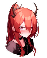 Rule 34 | 1girl, absurdres, arknights, beudelb, black collar, black shirt, blush, collar, commentary, cropped torso, demon horns, female focus, hair between eyes, hair ornament, highres, horns, jewelry, korean commentary, long hair, looking at viewer, necklace, official alternate costume, ponytail, portrait, purple eyes, red hair, shirt, sidelocks, simple background, slit pupils, solo, studded collar, surtr (arknights), surtr (liberte echec) (arknights), v-shaped eyebrows, white background