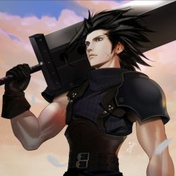 Rule 34 | 1boy, armor, belt, black hair, blue eyes, blue shirt, buster sword, cloud, cloudy sky, crisis core final fantasy vii, facial scar, falling feathers, feathers, final fantasy, final fantasy vii, gloves, hair slicked back, highres, looking to the side, male focus, medium hair, multiple belts, muscular, muscular male, outdoors, over shoulder, rock cr, scar, scar on cheek, scar on face, shirt, shoulder armor, sideburns, sky, sleeveless, sleeveless turtleneck, solo, square enix, suspenders, turtleneck, upper body, weapon, weapon over shoulder, zack fair