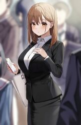 Rule 34 | 1girl, absurdres, bag, black skirt, blurry, blurry background, blush, breasts, brown eyes, brown hair, business suit, cellphone, cowboy shot, formal, highres, large breasts, looking at viewer, mole, mole under eye, office lady, ol-chan (udon), original, pantyhose, phone, shirt, shoulder bag, skirt, smartphone, solo, suit, udon (udonalium), white shirt