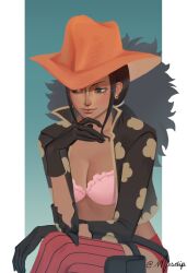 Rule 34 | 1girl, black gloves, blue eyes, bra, commentary, cropped jacket, crossed legs, earrings, english commentary, gloves, hat, hat feather, highres, jewelry, light smile, looking to the side, mole, mole under eye, mxsdip, nico robin, one piece, one piece film: z, orange hat, pink bra, ponytail, pouch, sidelocks, solo, thigh pouch, thighhighs, twitter username, underwear
