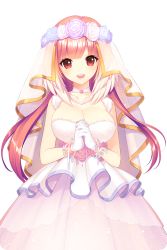 Rule 34 | 1girl, breasts, cleavage, dress, flower, gloves, happy, highres, jewelry, large breasts, long hair, looking at viewer, necklace, official art, open mouth, own hands together, pearl necklace, pink dress, pink flower, pink hair, pink rose, red eyes, rose, selena (soccer spirits), shirahane nao, smile, soccer spirits, transparent background, veil, wedding dress, white flower, white gloves, white rose