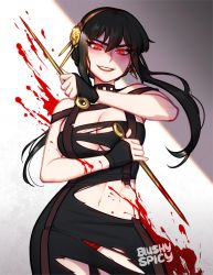Rule 34 | 1girl, artist name, bare shoulders, black dress, black gloves, black hair, blood, blood on arm, blood on wall, blush, blushyspicy, breasts, cleavage, cowboy shot, dagger, dress, earrings, fingerless gloves, gloves, gold hairband, hair between eyes, hairband, highres, holding, holding dagger, holding knife, holding weapon, jewelry, knife, large breasts, lipstick, long hair, looking at viewer, makeup, midriff, navel, panties, panty peek, red eyes, red lips, red panties, shadow, solo, spy x family, stiletto (weapon), torn clothes, torn dress, underwear, weapon, yor briar