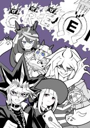 Rule 34 | 2boys, 4girls, absurdres, agnes digital (umamusume), animal ears, blue eyes, blunt bangs, cellphone, chain, chain necklace, choker, clenched teeth, crossover, destiny board, duel monster, ghost, grin, halo, hand up, hat, highres, holding, holding phone, horse ears, horse girl, horseshoe, jewelry, kuriboh, long hair, millennium ring, multicolored hair, multiple boys, multiple girls, mummy costume, necklace, necktie, pacifier, petoka, phone, purple background, purple eyes, simple background, smartphone, smile, spiked hair, spot color, super creek (chiffon ribbon mummy) (umamusume), super creek (umamusume), sweep tosho (umamusume), tamamo cross (umamusume), teeth, umamusume, witch hat, yami bakura, yami yugi, yu-gi-oh!, yu-gi-oh! duel monsters