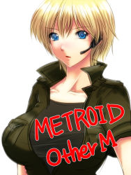 Rule 34 | 1girl, alternate hairstyle, bad id, bad pixiv id, blonde hair, blue eyes, blush, breasts, collarbone, headset, huge breasts, impossible clothes, impossible shirt, jacket, large breasts, metroid, metroid: other m, nintendo, ran komomo, samus aran, shirt, short hair, simple background, solo, taut clothes, taut shirt, text focus