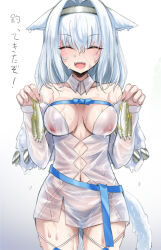 Rule 34 | 1girl, animal ears, black panties, breasts, cleavage, closed eyes, clueless, commentary request, dobrynya nikitich (fate), dress, fate/grand order, fate (series), fish, headband, medium breasts, navel, panties, see-through, see-through shirt, shimo (depthbomb), solo, tail, translation request, underwear, wet, wet clothes, white background, white dress, white hair