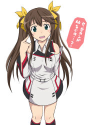 Rule 34 | 10s, 1girl, bare shoulders, blush, brown hair, detached sleeves, disuke, female focus, full body, green eyes, hair ribbon, huang lingyin, infinite stratos, long hair, open mouth, ribbon, school uniform, simple background, solo, translated, twintails, very long hair, white background
