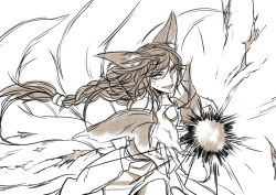 Rule 34 | 1girl, ahri (league of legends), animal ears, fox ears, fox tail, hooreng, league of legends, long hair, monochrome, multiple girls, multiple tails, open mouth, solo, tail