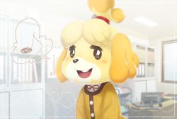 Rule 34 | 1girl, animal crossing, animal ears, artist name, bell, black eyes, blonde hair, blurry, blurry background, blush stickers, book, bookshelf, computer, desk, dog, dog ears, female focus, furry, furry female, hair bell, hair ornament, hair tie, happy, hellox2 ac, indoors, isabelle (animal crossing), jacket, jingle bell, keyboard, long sleeves, musical note, neck ribbon, nintendo, no humans, open mouth, red ribbon, ribbon, shirt, short hair, smile, solo, speech bubble, spoken musical note, teeth, topknot, upper body, watermark, white shirt, window, yellow jacket