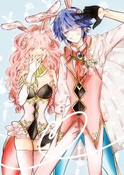 Rule 34 | 1boy, 1girl, animal ears, bad id, bad twitter id, blue hair, rabbit ears, embarrassed, fire emblem, fire emblem awakening, fire emblem fates, fire emblem heroes, gloves, holding hands, hetero, highres, inigo (fire emblem), looking at viewer, mother and son, nintendo, olivia (fire emblem), pink hair, smile