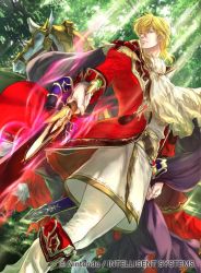 Rule 34 | 1boy, black cape, blonde hair, boots, cape, coat, collar, collared cape, ascot, eldigan (fire emblem), fire emblem, fire emblem: genealogy of the holy war, fire emblem cipher, forest, from below, holding, holding sword, holding weapon, horse, knee boots, lips, looking at viewer, male focus, medium hair, mystletainn, nature, nintendo, official art, pants, red coat, sheath, sidelocks, solo, suzuki rika, sword, turtleneck, weapon, white footwear, white pants, yellow eyes