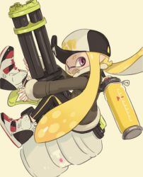 Rule 34 | 1girl, baseball cap, black hat, black jacket, black leggings, blonde hair, colored tongue, commentary, commentary request, fang, floating, from side, hat, heavy splatling (splatoon), high tops, highres, holding, holding weapon, ink tank (splatoon), inkling, inkling girl, inkling player character, jacket, leggings, long hair, long sleeves, looking at viewer, nintendo, o masuta, open mouth, pointy ears, print headwear, purple eyes, shoes, simple background, single vertical stripe, smile, sneakers, solo, splatoon (series), splatoon 2, symbol-only commentary, tentacle hair, weapon, white background, white footwear, yellow tongue