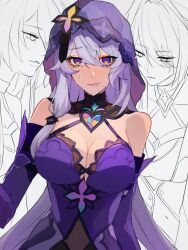 2girls acheron_(honkai:_star_rail) black_swan_(honkai:_star_rail) breasts cleavage covered_navel detached_sleeves dress highres honkai:_star_rail honkai_(series) large_breasts long_hair long_sleeves multiple_girls purple_dress purple_eyes purple_hair purple_veil see-through see-through_cutout shino_(moi_0142) sweatdrop