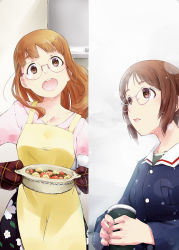 Rule 34 | 2girls, :d, apron, bespectacled, black skirt, blue jacket, brown eyes, brown hair, casual, floral print, food, girls und panzer, glasses, green shirt, grey sky, head tilt, highres, holding, holding food, indoors, jacket, kaya (nari1-24), long skirt, long sleeves, looking at viewer, military, military uniform, multiple girls, nishizumi miho, ooarai military uniform, open mouth, outdoors, oven mitts, pink-framed eyewear, pink shirt, pot, print skirt, round eyewear, shirt, short hair, skirt, sky, smile, snow, standing, takebe saori, uniform, yellow apron