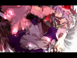 Rule 34 | 2girls, apron, bad id, bad pixiv id, braid, eye contact, female focus, grin, hat, highres, izayoi sakuya, knife, letterboxed, looking at another, maid, maid apron, multiple girls, purple hair, red eyes, remilia scarlet, ribbon, short hair, silver hair, skirt, skirt set, smile, sofy, sweatdrop, throwing knife, touhou, weapon