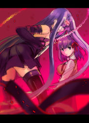 Rule 34 | black dress, black legwear, black sleeves, blurry, blurry foreground, breasts, brown sweater, chain, detached sleeves, dress, facial mark, fate/stay night, fate (series), floating hair, hair ribbon, holding, holding weapon, homurahara academy school uniform, leaning forward, long hair, long sleeves, looking at viewer, mask, matou sakura, medium breasts, medusa (fate), medusa (rider) (fate), nameless dagger (fate), parted lips, pleated dress, purple eyes, purple hair, red ribbon, ribbon, school uniform, shida (xwheel), shirt, short dress, short hair, sideboob, sleeveless, sleeveless dress, strapless, strapless dress, sweater, sweater vest, thighhighs, tube dress, very long hair, weapon, white shirt, zettai ryouiki