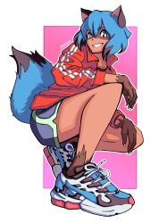 Rule 34 | 1girl, animal ears, animal nose, blue hair, body fur, brand new animal, brown fur, dolphin shorts, full body, furry, furry female, highres, jacket, kagemori michiru, looking at viewer, multicolored hair, raccoon ears, raccoon girl, raccoon nose, raccoon tail, red jacket, shoes, short hair, shorts, signature, simple background, smile, sneakers, solo, tail, tanuki, theyukkinon, track jacket