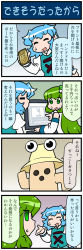 Rule 34 | 2girls, 4koma, :d, = =, blue hair, circuit board, closed eyes, comic, commentary request, computer, empty eyes, frog hair ornament, gradient background, green eyes, green hair, hair ornament, hand up, haniwa (statue), hat, highres, holding, kochiya sanae, looking at viewer, mizuki hitoshi, monitor, multiple girls, open mouth, pointing, pyonta, shrugging, smile, snake hair ornament, sweatdrop, takana shinno (character), tatara kogasa, touhou, translation request