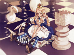 Rule 34 | alice (alice in wonderland), alice in wonderland, blonde hair, blue eyes, board game, boots, card, chess, chess piece, crown, dice, egg, fork, game, hourglass, knife, living piece, ooyari ashito, original, pocket watch, queen, rabbit, solo, spoon, striped clothes, striped thighhighs, tea, thighhighs, watch, white rabbit (alice in wonderland)