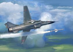 Rule 34 | absurdres, aircraft, airplane, canopy (aircraft), cloud, contrail, fighter jet, flying, from below, highres, jet, mig-23, military vehicle, mirroraptor, missile, no humans, original, russian commentary, sky, soviet air force, star (symbol), vehicle focus
