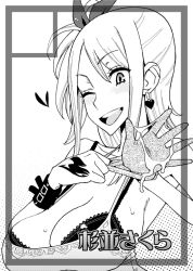 Rule 34 | 00s, 1girl, bad id, bad pixiv id, blush, bra, breasts, circle cut, cleavage, cum, fairy tail, gloves, greyscale, huge breasts, large breasts, lingerie, long hair, lucy heartfilia, monochrome, ogata mamimi, one eye closed, smile, solo, tattoo, underwear, wink