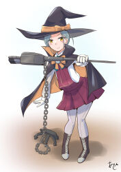 Rule 34 | 1girl, adapted turret, akashieru, anchor, asashio (kancolle), asashio (kancolle) (cosplay), black cape, black hat, boots, bow, bowtie, cannon, cape, chain, cosplay, cross-laced footwear, dress, forehead, full body, grey hair, grey pantyhose, halter dress, halterneck, hat, highres, kantai collection, lace-up boots, leaning forward, mole, mole on neck, orange bow, orange bowtie, pantyhose, pleated dress, purple dress, short hair, signature, solo, swept bangs, tamanami (kancolle), turret, witch hat, yellow eyes