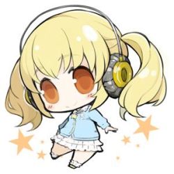 Rule 34 | 1girl, blonde hair, blush, breasts, chibi, headphones, huge breasts, looking at viewer, lowres, minoa (lastswallow), nitroplus, plump, short hair, smile, solo, super pochaco, twintails