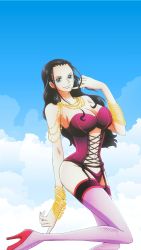 Rule 34 | 1girl, absurdres, bare shoulders, black hair, blue eyes, bracelet, breasts, cleavage, garter belt, gold bracelet, gold necklace, high heels, highres, jewelry, large breasts, leotard, long hair, navel, necklace, nico robin, one piece, revealing clothes, smile, strapless, strapless leotard, thighhighs