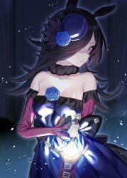 Rule 34 | 1girl, animal ears, bare shoulders, black hair, blue flower, blue rose, breasts, cleavage, closed mouth, collarbone, commentary request, cowboy shot, dark background, detached sleeves, dress, flower, fur collar, glowing, glowing weapon, hair over one eye, hat, hat flower, hat ornament, highres, holding, holding weapon, horse ears, long hair, long sleeves, looking at viewer, purple dress, purple eyes, purple hat, rice shower (umamusume), rose, sheath, small breasts, solo, strapless, strapless dress, subachi, twitter username, umamusume, weapon