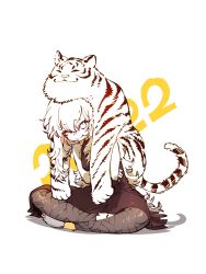 Rule 34 | 2022, animal, animal on head, brown dress, chinese zodiac, crossed arms, dress, excalibur (player), highres, indian style, looking at viewer, on head, one eye closed, original, player (webtoon), sitting, smile, ssambatea, tiger, year of the tiger