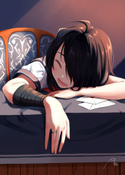 Rule 34 | 1girl, absurdres, ahoge, black hair, chair, closed eyes, commentary request, commission, desk, drooling, envelope, hair ornament, hairclip, highres, jewelry, kako (kancolle), kako kai ni (kancolle), kantai collection, long hair, parted bangs, ponytail, ring, saliva, school uniform, serafuku, skeb commission, sleeping, solo, tsunamayo (flying cat), wedding band