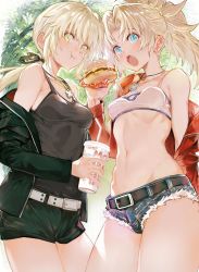 Rule 34 | 2girls, aqua eyes, artoria pendragon (all), artoria pendragon (fate), bandeau, bare shoulders, belt, black camisole, black jacket, black ribbon, black shorts, blonde hair, blue shorts, blush, braid, breasts, burger, camisole, collarbone, cup, cutoffs, denim, denim shorts, disposable cup, drinking straw, eating, fate/apocrypha, fate/grand order, fate/stay night, fate (series), food, french braid, highres, jacket, jewelry, long hair, long sleeves, looking at viewer, low ponytail, micro shorts, mordred (fate), mordred (fate/apocrypha), mordred (memories at trifas) (fate), multiple girls, navel, necklace, off shoulder, official alternate costume, open clothes, open jacket, open mouth, pendant, ponytail, red jacket, ribbon, saber alter, saber alter (ver. shinjuku 1999) (fate), short shorts, shorts, sidelocks, small breasts, thighs, tokopi, yellow eyes