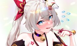 Rule 34 | 1girl, ailushin, bare shoulders, bell, black choker, chest tattoo, choker, commentary, cosplay, firefly (honkai: star rail), flying sweatdrops, fox mask, grey hair, halterneck, highres, honkai: star rail, honkai (series), jingle bell, long hair, looking at viewer, mask, mask on head, neck bell, pointing, pointing at self, portrait, solo, sparkle (honkai: star rail), sparkle (honkai: star rail) (cosplay), tattoo, tongue, tongue out