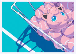 Rule 34 | absurdres, ball, basket, blue eyes, border, closed mouth, commentary request, creatures (company), from above, game freak, gen 1 pokemon, highres, jigglypuff, lying, nintendo, no humans, on back, pokemon, pokemon (creature), saiku (zvlku), shadow, solo, tennis ball, white border