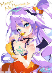 Rule 34 | 1girl, bare arms, bare shoulders, bat hair ornament, blue eyes, blue nails, breasts, candy, character request, cleavage, dress, escalation heroines, food, fujishima-sei ichi-gou, hair ornament, halloween, highres, large breasts, lollipop, long hair, nail polish, orange dress, purple hair, side ponytail, tongue, tongue out, trick or treat