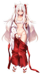 Rule 34 | 1girl, atagawa rumi, blush, breasts, colored skin, full body, japanese clothes, lilith-soft, long hair, looking at viewer, miko, ponytail, red eyes, sakuranbo, small breasts, solo, standing, taimanin (series), taimanin rpgx, underwear, very long hair, white background, white hair, white skin