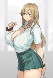 Rule 34 | 1girl, bracelet, breasts, center opening, cleavage, closed mouth, collarbone, collared shirt, commentary, earrings, elf, green eyes, green skirt, hair between eyes, heart, heart necklace, houtengeki, huge breasts, jewelry, light brown hair, long hair, looking at viewer, miniskirt, necklace, original, partially unbuttoned, pointy ears, scrunchie, shirt, skirt, smile, solo, standing, symbol-only commentary, thighs, white shirt, wrist scrunchie