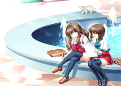Rule 34 | 2girls, :d, bag, black footwear, black thighhighs, bloom, blue eyes, blush, bob cut, bow, brown footwear, brown hair, capelet, closed mouth, crossed legs, day, dress, facing another, fountain, full body, green bow, grey cat, hair between eyes, hair intakes, hand on own cheek, hand on own face, happy, head tilt, highres, holding, holding notepad, holding pen, kanon, leaning forward, legs, legs together, loafers, long hair, looking at another, mary janes, medium hair, misaka kaori, misaka shiori, multiple girls, non-web source, notepad, open mouth, outdoors, park, pen, pink bow, red dress, school bag, school uniform, shoes, short dress, siblings, sidelocks, sisters, sitting, smile, thighhighs, thighs, very long hair, wavy hair, white capelet, wide shot, zen (kamuro), zettai ryouiki