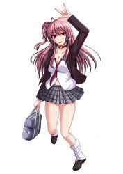 Rule 34 | 1girl, :d, arm up, bag, black footwear, blazer, blush, bobby socks, breasts, cleavage, collar, full body, hair between eyes, hair ribbon, highres, jacket, large breasts, loafers, long hair, long sleeves, looking at viewer, m/, miniskirt, \\n/, necktie, open clothes, open jacket, open mouth, original, pink eyes, plaid, plaid skirt, pleated skirt, purple hair, red necktie, red ribbon, ribbon, school uniform, shadow, shirt, shoes, side ponytail, skirt, smile, socks, solo, standing, taka (hiroa), white shirt, white socks