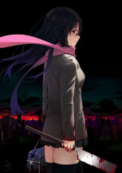 Rule 34 | 1girl, bag, black hair, black skirt, black thighhighs, blazer, blood, blood on clothes, blood on face, breasts, butcher knife, city, cityscape, cowboy shot, dated, empty eyes, floating hair, from side, gradient hair, grey jacket, highres, holding, jacket, japanese saw, katsura kotonoha, long sleeves, looking at viewer, looking to the side, miniskirt, multicolored hair, night, night sky, outdoors, pink scarf, pleated skirt, purple hair, re lucy, red eyes, saw, scarf, school bag, school days, school uniform, signature, skirt, sky, small breasts, solo, sunlight, sunset, thighhighs, wind, yandere, zettai ryouiki