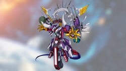 Rule 34 | armor, cannon, digimon, digimon (creature), gaiamon (appmon), highres, mecha, original, red eyes, robot, solo, tail, wings
