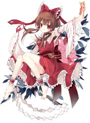 Rule 34 | 1girl, ankle cuffs, armpits, bad id, bad pixiv id, bandages, barefoot, between fingers, bow, brown hair, cierra (ra-bit), detached sleeves, female focus, flower, full body, gohei, hair bow, hair tubes, hakurei reimu, holding, knees together feet apart, leg ribbon, long hair, long sleeves, looking at viewer, obi, outstretched arm, outstretched hand, ra-bit, red eyes, ribbon, sash, shirt, skirt, skirt set, smile, solo, spell card, touhou, white background, wide sleeves