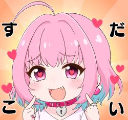Rule 34 | 1girl, ahoge, blue hair, chibi, collar, earrings, fang, hands up, heart, heart-shaped lock, heart-shaped pupils, highres, idolmaster, idolmaster cinderella girls, jewelry, looking at viewer, multicolored hair, open mouth, orange background, pill earrings, pink eyes, pink hair, pointing, pointing at self, raised eyebrows, ring, shirt, smile, solo, sparkle, symbol-shaped pupils, tokonso, two-tone hair, upper body, white shirt, yumemi riamu