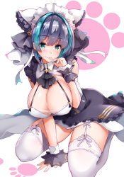 Rule 34 | 1girl, animal ears, aqua eyes, aqua hair, azur lane, black hair, blush, breasts, cheshire (azur lane), cleavage, closed mouth, detached sleeves, dress, fang, garter straps, highres, huge breasts, looking at viewer, maid headdress, multicolored hair, paw print, paw print background, puffy detached sleeves, puffy sleeves, resolution mismatch, ribbon, sezok, short hair, sitting, skin fang, smile, solo, source smaller, thighhighs, white background, white dress, white ribbon, white thighhighs, wrist cuffs