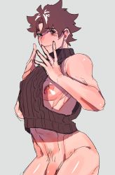 Rule 34 | 1boy, arched back, black sweater, blush, bottomless, brown hair, closed mouth, clothes lift, cowboy shot, cropped sweater, fate/grand order, fate (series), flaccid, fujimaru ritsuka (male), grey background, hair intakes, half-closed eyes, hand to own mouth, highres, lifting own clothes, looking at viewer, male focus, muscular, muscular male, nipple slip, nipples, out-of-frame censoring, pectorals, penis, penis peek, ribbed sweater, shirt, shirt lift, shuzukipai, simple background, sleeveless, sleeveless shirt, smile, solo, standing, sweater, toned, toned male